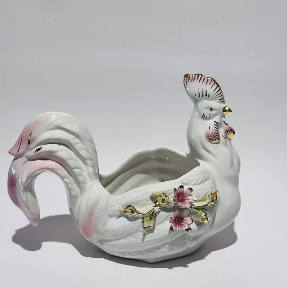 Vintage Capodimonte Rooster Planter Vase Floral & Gold Accents Made in Italy‎